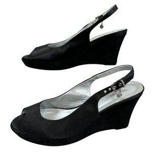 Nero Giardini Black Leather Suede Peep-Toe Slingback Wedge Sandal Size 9